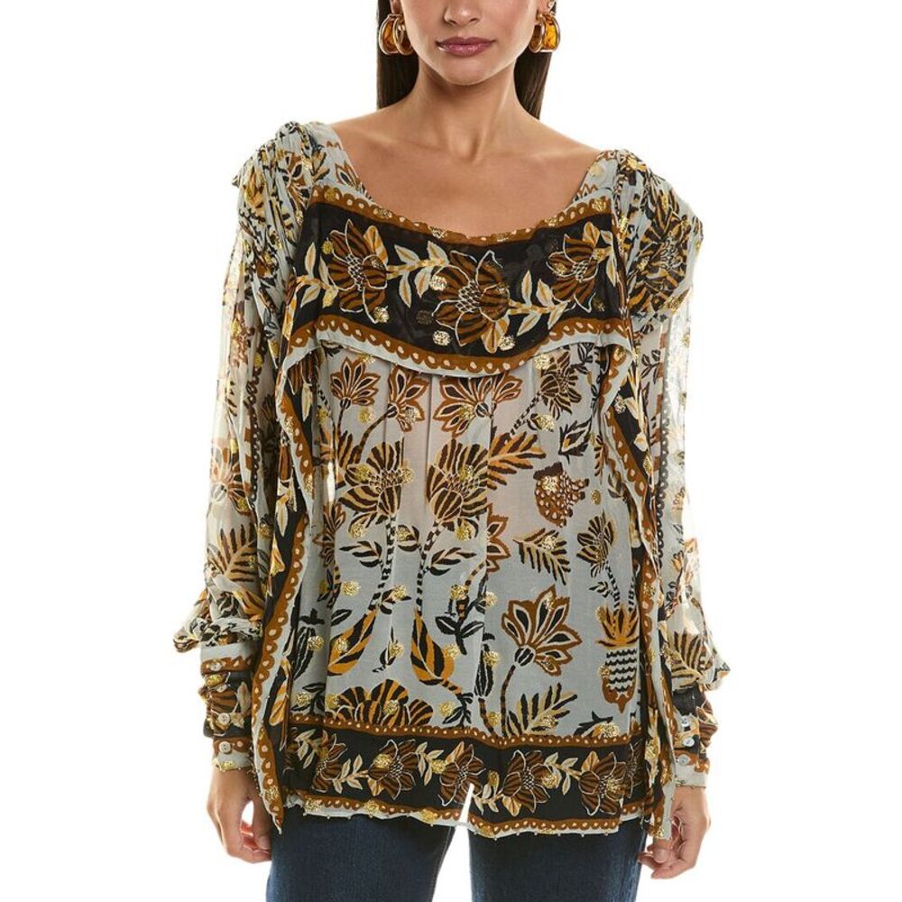 Farm Rio Womens  Floral Tapestry Silver Bee Hive Detail Long Sleeve Blouse